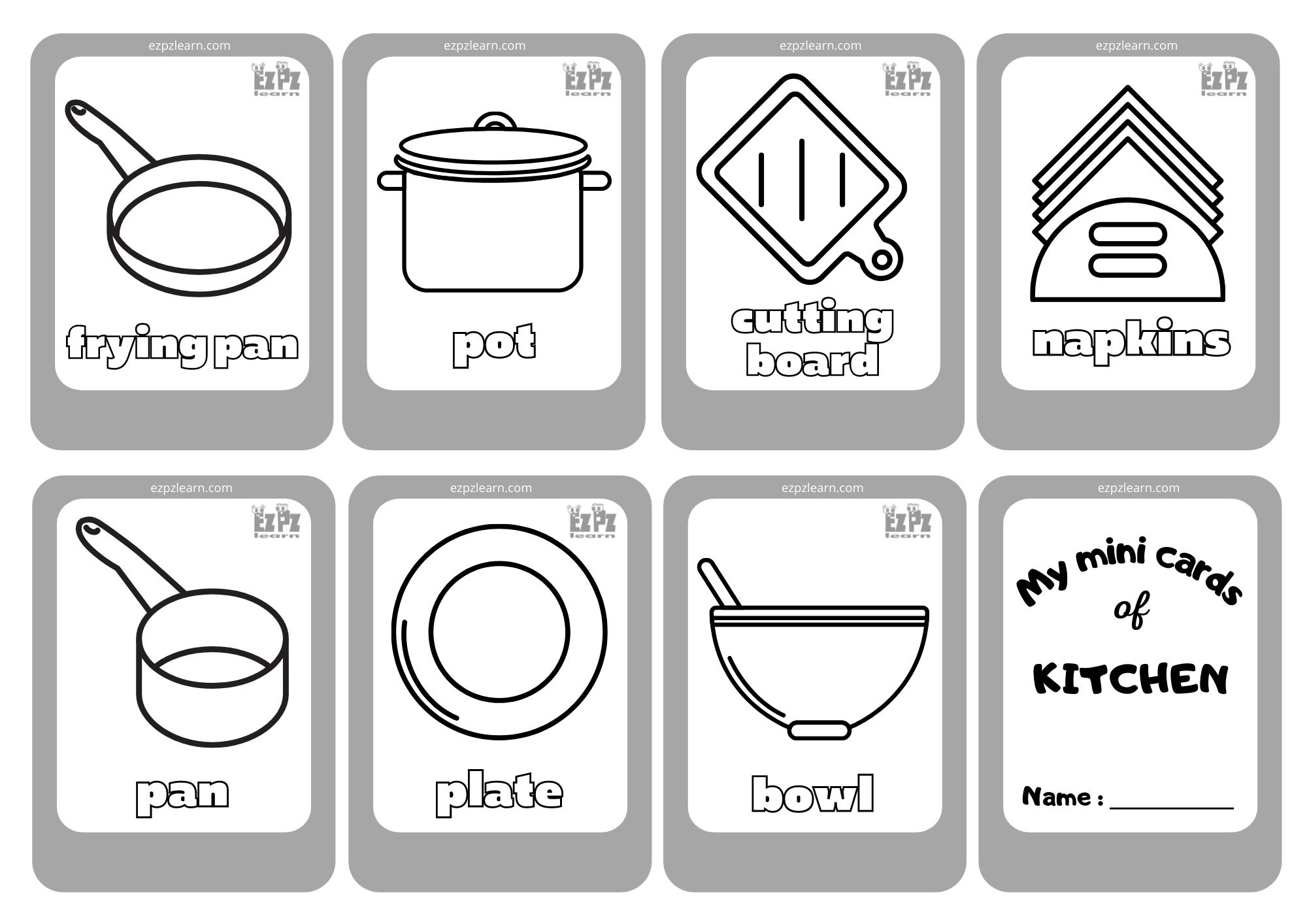 Kitchen Utensils Mini Cards Coloring